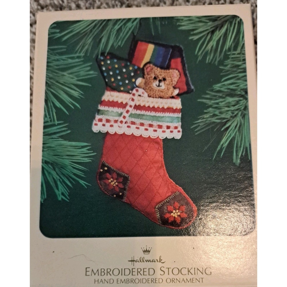 Vintage Hallmark 1983 Embroidered Stocking Christmas Ornament